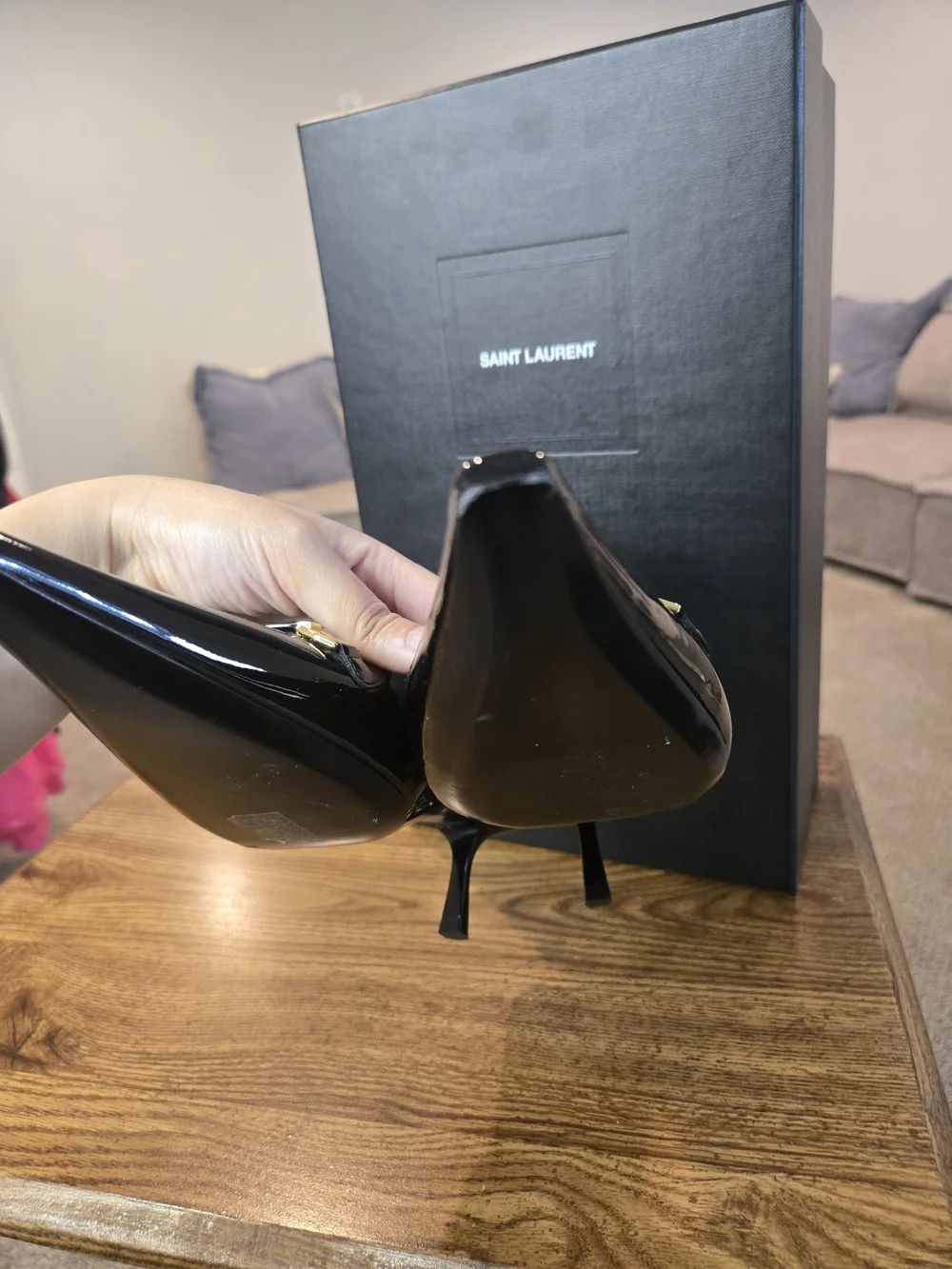 Saint Laurent Black Patent Slingback Pumps with Gold Accent - Picture 7 of 11